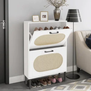 Shoe Storage Cabinet with 2 Flip Drawers, Freestanding Narrow Shoe Rack Organizer for Entryway with Natural Semi-Circular Rattan