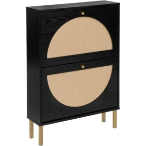 Rattan Shoe Cabinet with 2Flip Drawers,Black Free Standing Storage Racks with Metal Legs,Shoe Organizers Entrance Hallway(Black)