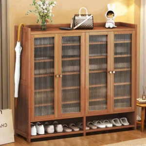 Shoe Cabinet with Doors, 8-Tier Shoe Storage Cabinet with Shelves, Bamboo Organizer Rack Cabinet for Entryway