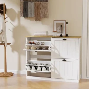 Shoe Storage Cabinet with 4 Flip Drawers, Freestanding Farmhouse Shoes Organizer Cabinets for Entryway Slim Shoe Rack Cabinet